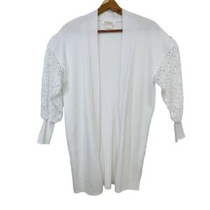 Coco Bleu Open Puff Sleeve White Rib Knit Cardigan Medium Crochet Knit Stretch‎